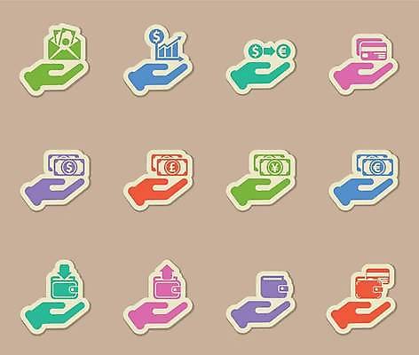 EPS 해외이미지 스티커 지폐 일러스트 사람없음 세트 컬러풀 라벨 화폐기호 신용카드 지갑 주식 손모양 해외일러스트 모양 기호 컬러 돈 프레임 금융 화폐 파일형식 벡터 손_신체부위 이미지허브