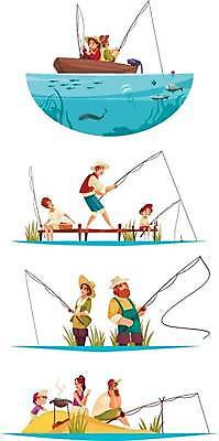 EPS 해외이미지 전신 여자 남자 아들 어린이 여러마리 일러스트 가족 엄마 낚시 어류 요리 서기 들기 앉기 소년 여러명 상반신 성인 낚시용품 아빠 낚싯대 냄비 배낚시 해외일러스트 다수 관계 모션 레저 사람 수중동물 솥 파일형식 벡터 이미지허브
