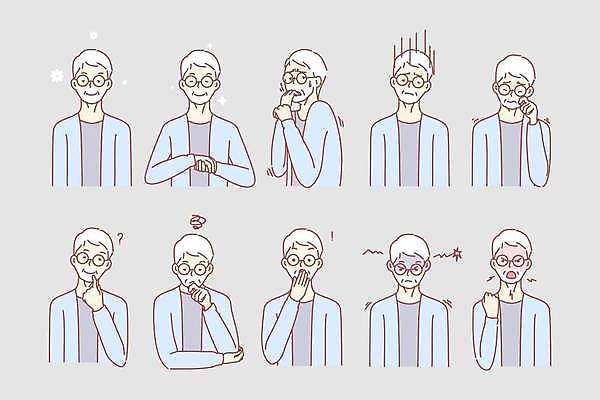 EPS 해외이미지 할아버지 노년 남자 행복 감정 일러스트 표정 웃음 여러명 상반신 세트 놀람 외침 고통 슬픔 분노 표현 좌절 무서움 질문 만족 고민 호기심 흥분 의문 우울감 노인남자만 안경낌 해외일러스트 안경 다수 컨셉 사람 성인 소리 남자만 노인만 파일형식 벡터 이미지허브