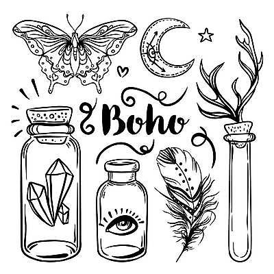 EPS 해외이미지 한마리 별 나비 일러스트 유리병 사람없음 달 하트 보석 라인아트 깃털 사슴뿔 보헤미아 히피 해외일러스트 자연요소 모양 1 선 곤충 병_용기 뿔 광석 파일형식 벡터 이미지허브