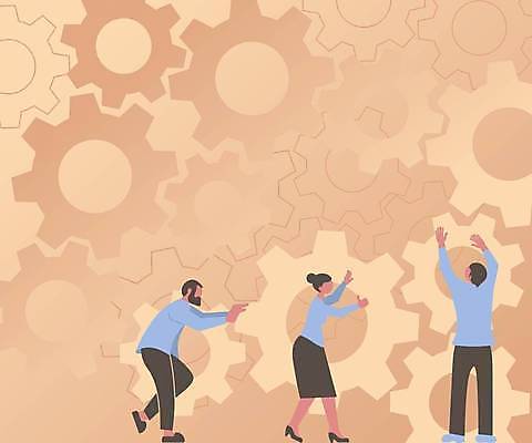 EPS 해외이미지 전신 여자 남자 백그라운드 일러스트 비즈니스 아이디어 들기 성인 세명 톱니바퀴 베이지색 성인만 카피스페이스 해외일러스트 컬러 컨셉 모션 사람 공백 파일형식 벡터 이미지허브