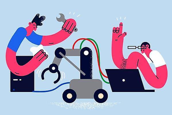 EPS 해외이미지 직업 남자 안경 일러스트 비즈니스 들기 상반신 성인 두명 노트북 기계 스패너 업무 기술자 엔지니어 수리 로봇 제어 성인남자만 해외일러스트 잡화 모션 사람 전자제품 공구 작업 남자만 성인만 파일형식 벡터 이미지허브