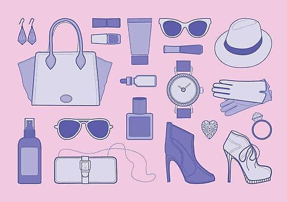 EPS 해외이미지 구두 시계 분홍색 장갑 일러스트 부츠 세트 선글라스 보라색 귀걸이 화장품 핸드백 반지 보석 손목시계 오브젝트 엘리먼트 해외일러스트 잡화 안경 컬러 신발 가방 장신구 뷰티 광석 파일형식 벡터 이미지허브