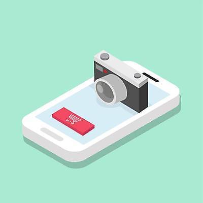 EPS 해외이미지 일러스트 모바일 사람없음 스마트폰 카메라 쇼핑카 구매 복고 모바일쇼핑 온라인 아이소메트릭 민트색 해외일러스트 컬러 전자제품 핸드폰 스마트기기 쇼핑 카트 온라인쇼핑 파일형식 벡터 이미지허브