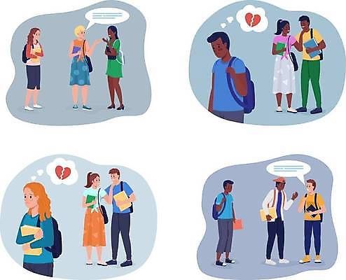 EPS 해외이미지 여자 남자 말풍선 가방 일러스트 청소년 들기 여러명 책 분노 하트 갈등 깨짐 따돌림 실연 십대만 해외일러스트 모양 잡화 감정 다수 컨셉 모션 사람 왕따 파일형식 벡터 이미지허브