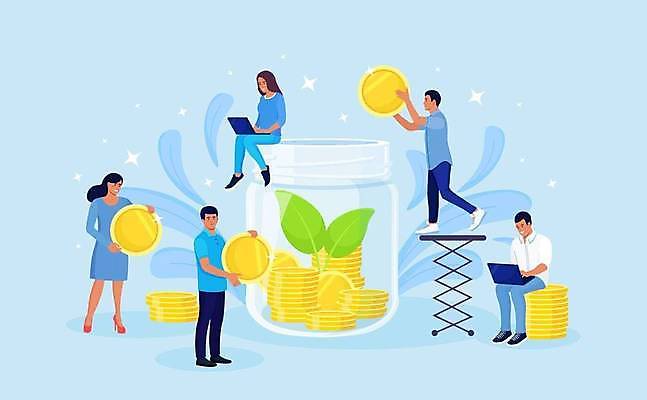 EPS 해외이미지 전신 여자 남자 하늘색 일러스트 유리병 들기 앉기 여러명 성인 금융 노트북 반짝임 타이핑 동전탑 성인만 해외일러스트 다수 모션 병_용기 사람 경제 파란색 전자제품 쌓기 동전 파일형식 벡터 이미지허브