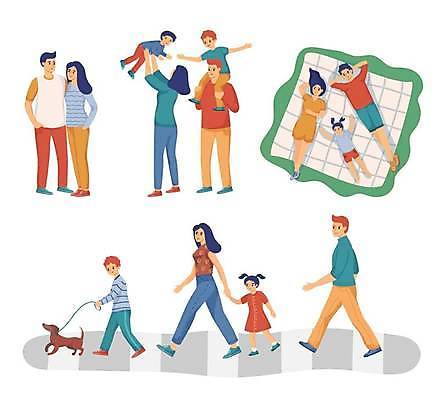EPS 해외이미지 전신 한마리 커플 여자 남자 딸 아들 어린이 일러스트 가족 엄마 소년 성인 눕기 소풍 걷기 산책 목말 아빠 강아지 돗자리 어린이만 들어올리기 해외일러스트 1 관계 모션 휴식 사람 반려동물 야외활동 개 파일형식 벡터 이미지허브