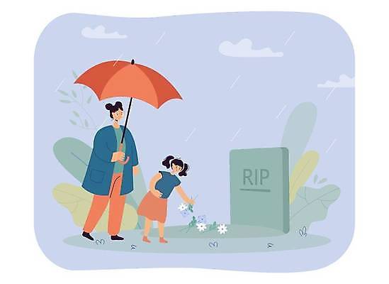 EPS 해외이미지 전신 여자 꽃 어린이 일러스트 우산 가족 서기 들기 성인 두명 무덤 비 비석 추모 여자만 해외일러스트 자연요소 식물 관계 모션 날씨 사람 파일형식 벡터 이미지허브