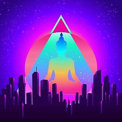 EPS 해외이미지 실루엣 일러스트 사람모양 건물 보라색 도시 원형 삼각형 사이버 복고 네온 테크노 해외일러스트 모양 도형 건축물 컬러 촬영기법 파일형식 벡터 이미지허브