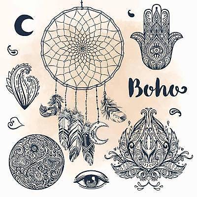 EPS 해외이미지 일러스트 사람없음 꿈 달 하트 문신 라인아트 깃털 만다라 베이지색 보헤미아 이국적 히피 젠탱글 드림캐쳐 해외일러스트 자연요소 모양 선 컬러 장식 파일형식 벡터 이미지허브