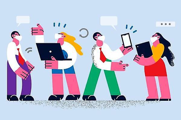 EPS 해외이미지 전신 여자 남자 컨셉 말풍선 일러스트 비즈니스 마스크 들기 여러명 성인 노트북 스마트폰 태블릿 사무실 손들기 비즈니스맨 비즈니스우먼 예방 마스크착용 성인만 코로나바이러스 해외일러스트 다수 모션 사람 전자제품 핸드폰 스마트기기 직장인 바이러스 사회이슈 파일형식 벡터 이미지허브