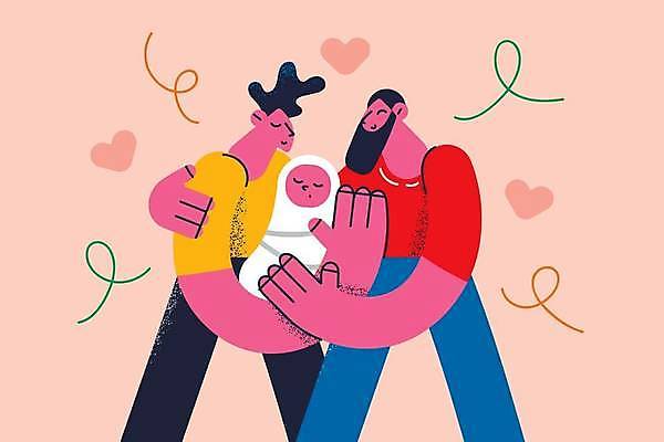 EPS 해외이미지 전신 커플 남자 행복 컨셉 일러스트 가족 사랑 상반신 성인 세명 부모 하트 아기 아빠 동성애자 돌봄 평등 성소수자 해외일러스트 모양 감정 관계 모션 사람 파일형식 벡터 이미지허브