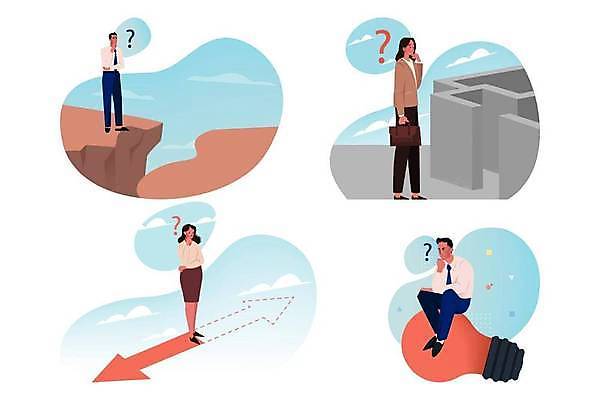 EPS 해외이미지 여자 남자 화살표 생각 일러스트 비즈니스 전구 설계 서기 앉기 여러명 성인 팔짱 턱괴기 절벽 비즈니스맨 비즈니스우먼 고민 문제 미로 의문 트러블 혼란 성인만 해외일러스트 감정 다수 컨셉 모션 사람 직장인 파일형식 벡터 이미지허브