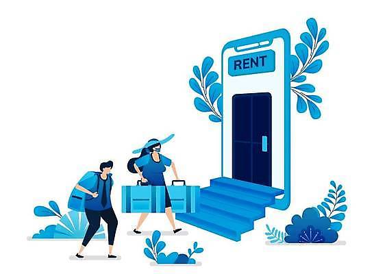 EPS 해외이미지 전신 여자 남자 잎 일러스트 비즈니스 성인 두명 파란색 여행객 계단 상점 여행가방 스마트 성인만 해외일러스트 식물 컬러 컨셉 가방 사람 파일형식 벡터 이미지허브