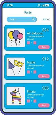 EPS 해외이미지 하늘색 일러스트 모바일 가면 사람없음 스마트폰 어플리케이션 파티용품 온라인쇼핑 풍선 UI 목록 목마인형 온라인몰 인터페이스 해외일러스트 인형 파란색 핸드폰 스마트기기 쇼핑 파티 이벤트용품 온라인 파일형식 벡터 이미지허브