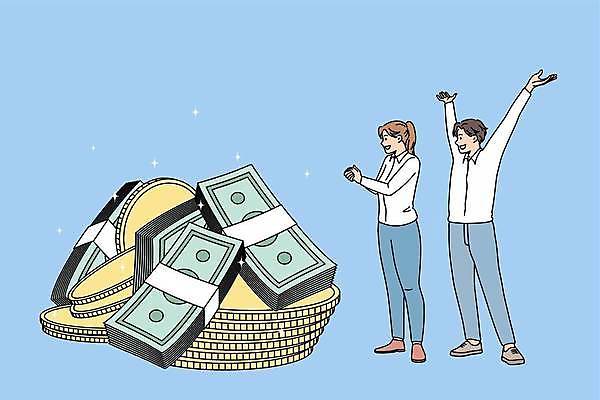 EPS 해외이미지 전신 여자 남자 돈 일러스트 비즈니스 성공 성인 두명 금융 기쁨 만세 재산 돈다발 이익 동전탑 수입 성인만 해외일러스트 감정 컨셉 모션 사람 경제 쌓기 동전 파일형식 벡터 이미지허브