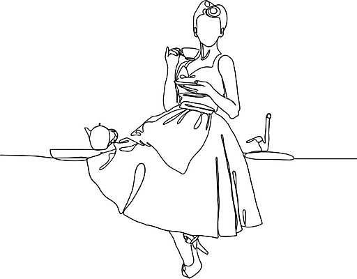 EPS 해외이미지 전신 원피스 여자 여유 라인일러스트 일러스트 티타임 휴식 한명 들기 앉기 성인 우아함 찻잔 찻주전자 라인아트 복고 손그림 드로잉 얼굴없음 성인여자한명만 해외일러스트 1 옷 감정 선 컨셉 모션 주전자 잔 미술 사람 여자한명만 성인여자만 파일형식 벡터 이미지허브