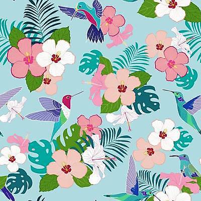 EPS 해외이미지 하늘색 백그라운드 패턴 여러마리 일러스트 사람없음 패턴백그라운드 시원함 벌새 열대꽃 열대잎 하와이무궁화 해외일러스트 꽃 다수 잎 무늬 파란색 파일형식 벡터 이미지허브