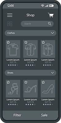 EPS 해외이미지 신발 상의 일러스트 모바일 사람없음 스마트폰 검은색 쇼핑카 어플리케이션 상품 온라인쇼핑 UI 검색창 온라인몰 온라인쇼핑몰 인터페이스 즐겨찾기 해외일러스트 옷 컬러 핸드폰 스마트기기 쇼핑 카트 쇼핑몰 온라인 파일형식 벡터 이미지허브