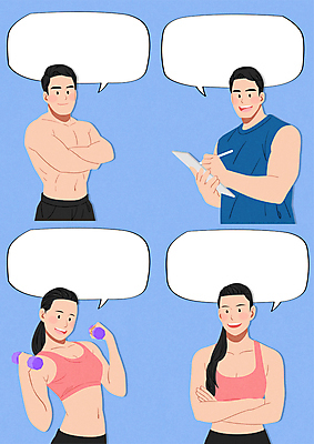 여자 남자 하늘색 말풍선 일러스트 상의탈의 말하기 미소 웃음 들기 여러명 상반신 성인 운동복 태블릿 팔짱 아령 트레이너 자영업 성인만 소상공인 국내일러스트 AI파일 직업 옷 다수 비즈니스 모션 탈의 표정 사람 경제 파란색 전자제품 스마트기기 헬스 상인 파일형식 벡터