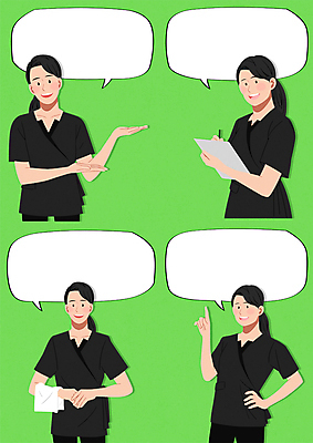 여자 허리손 말풍선 일러스트 안내 말하기 미소 웃음 들기 여러명 상반신 성인 연두색 가리킴 마사지사 자영업 손모으기 서류판 피부관리사 성인여자만 소상공인 국내일러스트 AI파일 직업 포즈 다수 비즈니스 모션 표정 사람 손짓 초록색 경제 사무용품 마사지 상인 여자만 성인만 파일형식 벡터