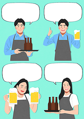 여자 남자 말풍선 일러스트 맥주 생맥주 쟁반 미소 웃음 들기 여러명 상반신 성인 사장 자영업 서빙 맥주잔 맥주병 따봉 민트색 호프집 성인만 소상공인 국내일러스트 AI파일 직업 컬러 다수 술잔 비즈니스 모션 술병 주류 표정 사람 경제 최고 술집 상인 파일형식 벡터