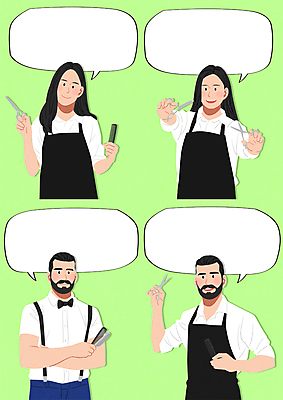 여자 남자 말풍선 일러스트 말하기 미소 웃음 들기 여러명 상반신 성인 연두색 팔짱 앞치마 머리빗 미용사 손내밀기 자영업 미용가위 이발사 성인만 소상공인 국내일러스트 AI파일 직업 다수 비즈니스 모션 가위_도구 표정 사람 손짓 초록색 경제 미용용품 상인 파일형식 벡터