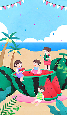전신 PSD 구름 여자 남자 어린이 일러스트 하늘 수박 수영장 서기 들기 앉기 소녀 소년 여러명 상반신 해변 여름 여름휴가 바캉스 야자수 즐거움 꽃가루 튜브 가랜드 수박조각 어린이만 국내일러스트 자연요소 나무 계절 감정 바다 조각 다수 과일 모션 휴가 사람 가루 파티용품 파일형식 여름_계절