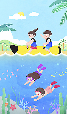 전신 PSD 구름 여자 남자 어린이 바다 하늘색 일러스트 하늘 레저 불가사리 어류 소녀 소년 여러명 여름 레포츠 여름휴가 바캉스 태양 손들기 바닷속 수영 스노클링 해초 산호 승차 오리발 잠수 즐거움 구명조끼 바나나보트 잠수경 열대잎 어린이만 국내일러스트 자연요소 계절 감정 다수 잎 모션 휴가 극피동물 사람 파란색 수중 수중동물 수상스포츠 보트 해조류 자포동물 물안경 구조용품 파일형식 여름_계절