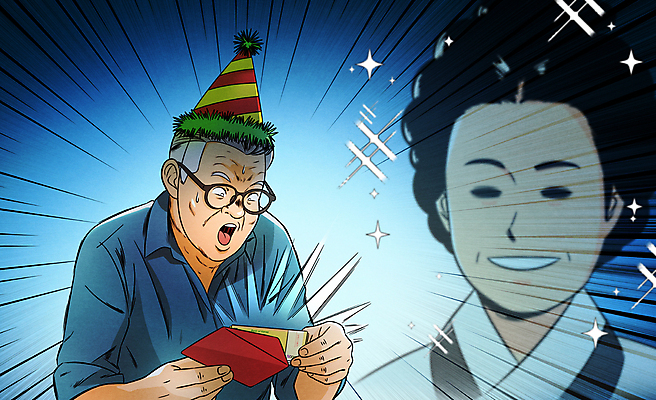 PSD 여자 남자 중년 일러스트 웃음 들기 상반신 성인 두명 파란색 놀람 고깔모자 생일 유머 아빠 확인 오만원 생일선물 서프라이즈 카툰스타일 깜짝 돈봉투 신사임당 용돈 안경낌 깜놀 국내일러스트 모자_잡화 기념일 감정 안경 컬러 컨셉 지폐 가족 모션 봉투 표정 선물 사람 약어 파일형식 유행어