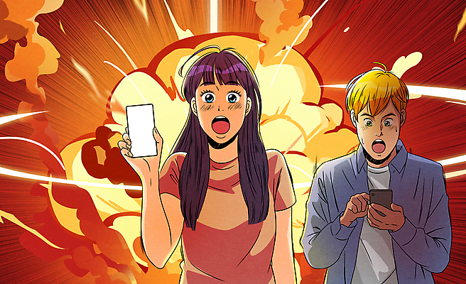 PSD 여자 남자 일러스트 들기 이벤트 상반신 성인 두명 빨간색 스마트폰 놀람 유머 폭발 확인 보여주기 서프라이즈 카툰스타일 깜짝 성인만 깜놀 국내일러스트 감정 컬러 컨셉 모션 표정 사람 핸드폰 스마트기기 약어 파일형식 유행어