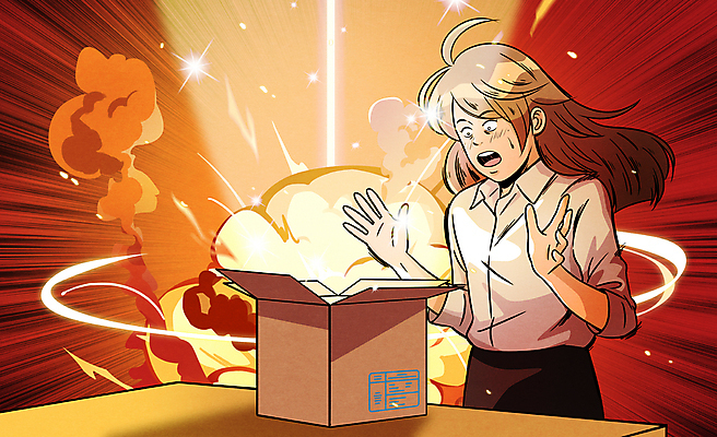 PSD 응시 여자 일러스트 한명 상반신 성인 빨간색 빛 상자 손들기 놀람 오픈 유머 폭발 확인 서프라이즈 택배상자 카툰스타일 깜짝 성인여자한명만 깜놀 국내일러스트 1 시선 감정 컬러 컨셉 모션 표정 사람 택배 약어 여자한명만 성인여자만 파일형식 유행어