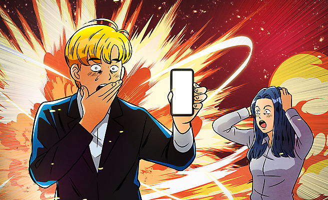 PSD 여자 남자 일러스트 들기 이벤트 상반신 성인 두명 빨간색 스마트폰 놀람 유머 폭발 입가림 보여주기 서프라이즈 카툰스타일 감싸기 깜짝 성인만 깜놀 국내일러스트 감정 컬러 컨셉 모션 표정 사람 핸드폰 스마트기기 가림 약어 파일형식 유행어