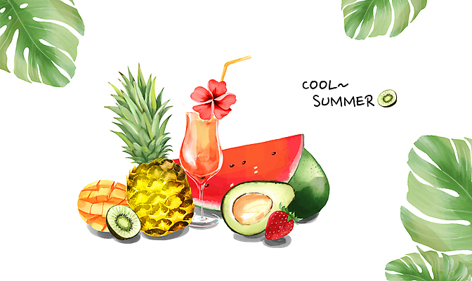 PSD 일러스트 딸기 잔 수박 키위 빨대 사람없음 여름 주스 과일주스 파인애플 망고 아보카도 냉음료 몬스테라 하와이무궁화 히비스커스 국내일러스트 식물 식기 계절 꽃 음료 과일 열대과일 파일형식