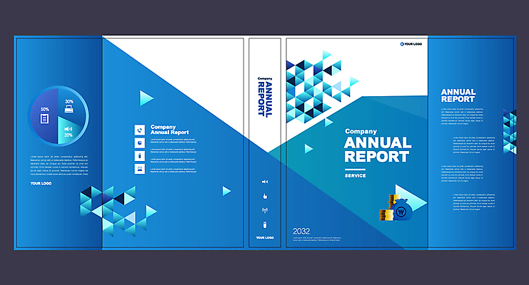 템플릿 표지디자인 북디자인 출판디자인 표지 내지 리플렛 북커버 비즈니스 팜플렛 사람없음 파란색 동전 흰색 돈자루 삼각형 보고서 심플 금화 원그래프 동전탑 애뉴얼리포트 이미지템플릿 AI파일 도형 컬러 돈 그래프 쌓기 황금 파일형식 벡터