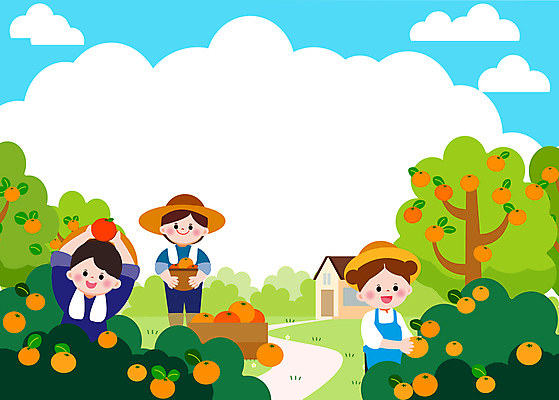 구름 모자 여자 남자 어린이 일러스트 귤 주택 서기 들기 소녀 소년 상반신 세명 연두색 농장 수확 체험 농장체험 귤나무 귤밭 어린이만 국내일러스트 AI파일 자연요소 나무 잡화 컨셉 밭 농업 과일 모션 사람 건물 초록색 체험학습 파일형식 벡터