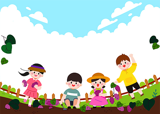 전신 구름 여자 남자 어린이 잎 일러스트 프레임 서기 들기 소녀 소년 여러명 울타리 수확 체험 모종삽 고구마 농장체험 웅크림 어린이만 고구마밭 고구마잎 국내일러스트 AI파일 자연요소 식물 다수 컨셉 밭 농업 모션 뿌리채소 사람 담장 농장 체험학습 삽 파일형식 벡터