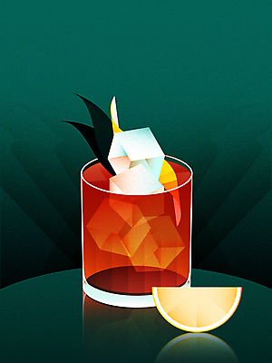 오렌지 일러스트 사람없음 초록색 칵테일 레몬 양주잔 각얼음 네그로니 국내일러스트 AI파일 컬러 술잔 과일 주류 얼음 양주 파일형식 벡터