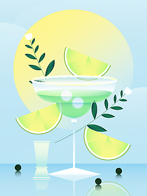 꽃 하늘색 잎 일러스트 사람없음 연두색 칵테일 원형 설탕 레몬 칵테일잔 국내일러스트 AI파일 도형 식물 술잔 과일 주류 초록색 파란색 파일형식 벡터