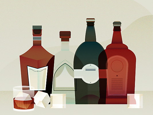 디자인 일러스트 술병 사람없음 연두색 갈색 칵테일 양주잔 각얼음 위스키 위스키병 국내일러스트 AI파일 컬러 술잔 병_용기 주류 초록색 얼음 양주 파일형식 벡터