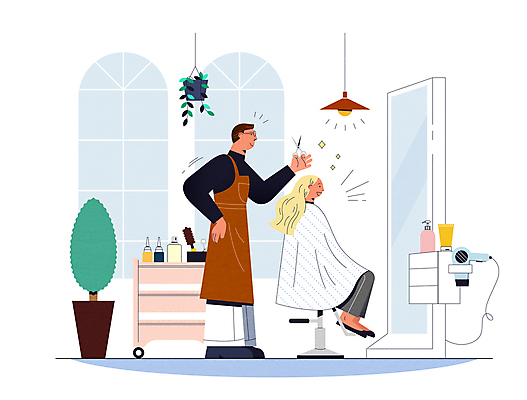 전신 여자 남자 화분 허리손 의자 일러스트 조명 서기 들기 앉기 성인 두명 뷰티 앞치마 거울 미용실 드라이어 머리손질 헤어관리 미용가위 성인만 커트보 플랜테리어 행잉플랜트 트롤리 국내일러스트 AI파일 포즈 가구 모션 가위_도구 사람 인테리어 수레 미용용품 뷰티샵 파일형식 벡터