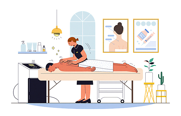 전신 여자 남자 화분 일러스트 조명 서기 성인 두명 눕기 뷰티 기계 마사지 마사지사 피부관리 마사지테이블 피부관리사 성인만 플랜테리어 트롤리 국내일러스트 AI파일 직업 모션 사람 인테리어 수레 파일형식 벡터