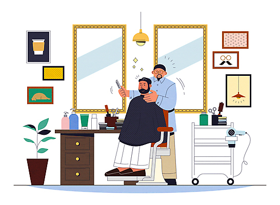 전신 남자 화분 액자 일러스트 수염 서기 들기 앉기 성인 두명 인테리어 뷰티 거울 머리빗 드라이어 면도 면도칼 이발소 이발사 성인남자만 커트보 트롤리 국내일러스트 AI파일 디자인 모션 사람 수레 미용용품 뷰티샵 남자만 성인만 파일형식 벡터