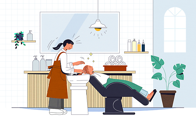 전신 여자 화분 의자 일러스트 창문 조명 선반 서기 앉기 성인 두명 수건 뷰티 앞치마 거울 미용실 미용사 세면대 샴푸 머리감기 성인여자만 국내일러스트 AI파일 직업 가구 모션 사람 위생용품 청결 뷰티샵 여자만 성인만 파일형식 벡터