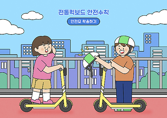 전신 PSD 구름 여자 남자 일러스트 하늘 서기 들기 빌딩 성인 두명 건물 울타리 가리킴 승차 안전모 헬멧 주기 안전수칙 자전거도로 착용 성인만 전동퀵보드 국내일러스트 자연요소 건축물 육상교통 모션 안전 사람 손짓 담장 안전장비 보호장비 전용도로 퀵보드 파일형식