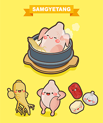 한식 허리손 일러스트 여름음식 사람없음 노란색 축제 닭고기 인삼 연기 뚝배기 음식캐릭터 대추 보양식 따봉 삼계탕 생닭 인삼캐릭터 통마늘 깐밤 지역축제 대한민국축제 삼계탕축제 일러캐릭터 AI파일 캐릭터 음식 컬러 포즈 마늘 육류 닭 최고 삼 밤_견과류 몸보신 파일형식 벡터 여름_계절