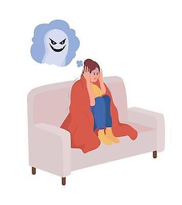 EPS 해외이미지 전신 여자 말풍선 생각 일러스트 상상 한명 앉기 성인 소파 유령 무서움 담요 공포 웅크림 얼굴가리기 성인여자한명만 해외일러스트 1 감정 의자 모션 사람 가림 여자한명만 성인여자만 파일형식 벡터 이미지허브