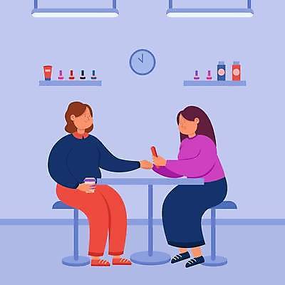 EPS 해외이미지 전신 여자 시계 의자 일러스트 탁자 관리 앉기 성인 두명 뷰티 화려 손톱관리 손톱 네일버퍼 성인여자만 해외일러스트 손 가구 컨셉 모션 사람 네일아트 여자만 성인만 파일형식 벡터 이미지허브