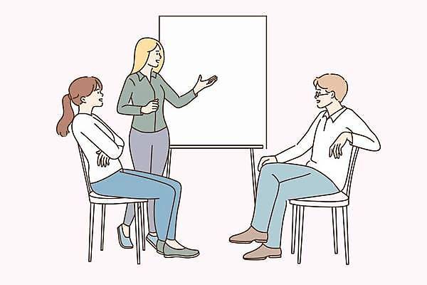 EPS 해외이미지 전신 여자 남자 의자 일러스트 비즈니스 앉기 성인 세명 가리킴 비즈니스맨 비즈니스우먼 발표 성인만 해외일러스트 가구 모션 사람 손짓 직장인 파일형식 벡터 이미지허브