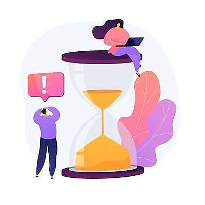 EPS 해외이미지 여자 남자 잎 일러스트 비즈니스 앉기 성인 두명 노트북 놀람 다리꼬기 잡기 느낌표 모래시계 성인만 해외일러스트 식물 기호 감정 모래 시계 모션 표정 사람 전자제품 파일형식 벡터 이미지허브